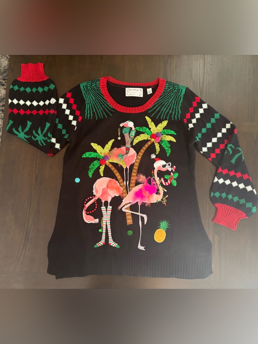 Flamingo Ugly Christmas Sweater Women XL Palm Trees 3D Sequins Feathers Pom Poms
